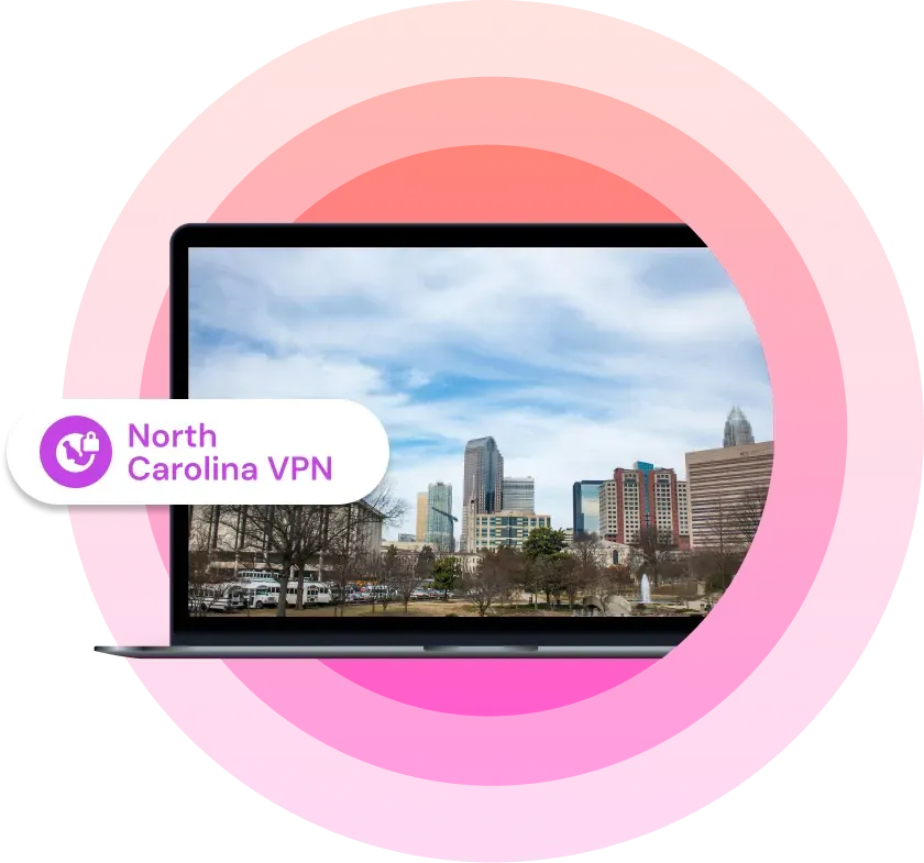 Illustration showing a laptop with a picture of a North Carolina city on it with the text "North Carolina VPN" next to it